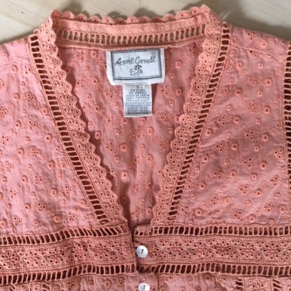 Pretty peachy-pink eyelet boho April Cornell sleeveless top - Picture 3 of 9